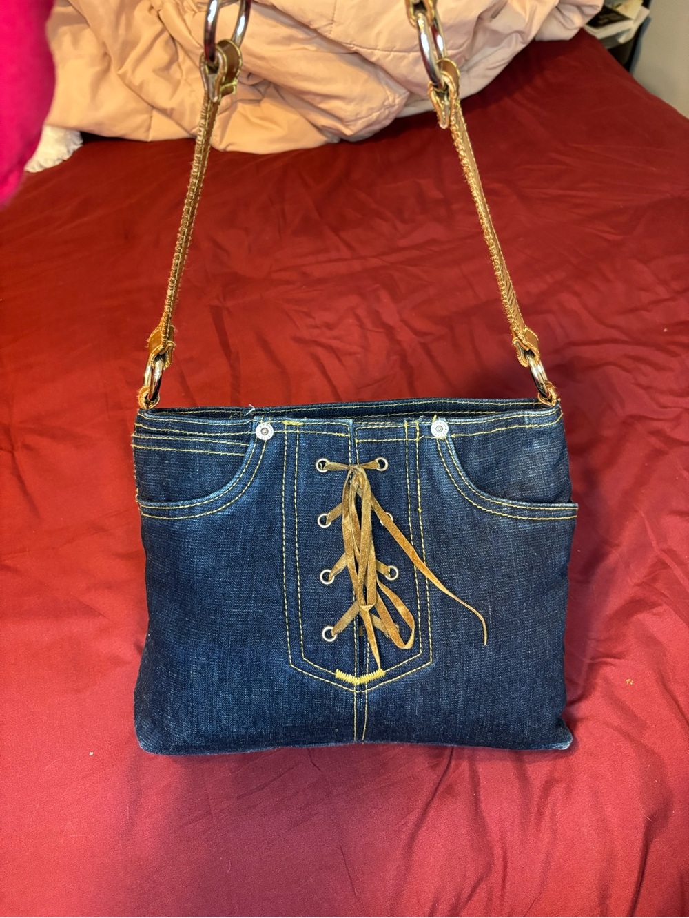 y2k blue denim lace up purse shoulder bag
